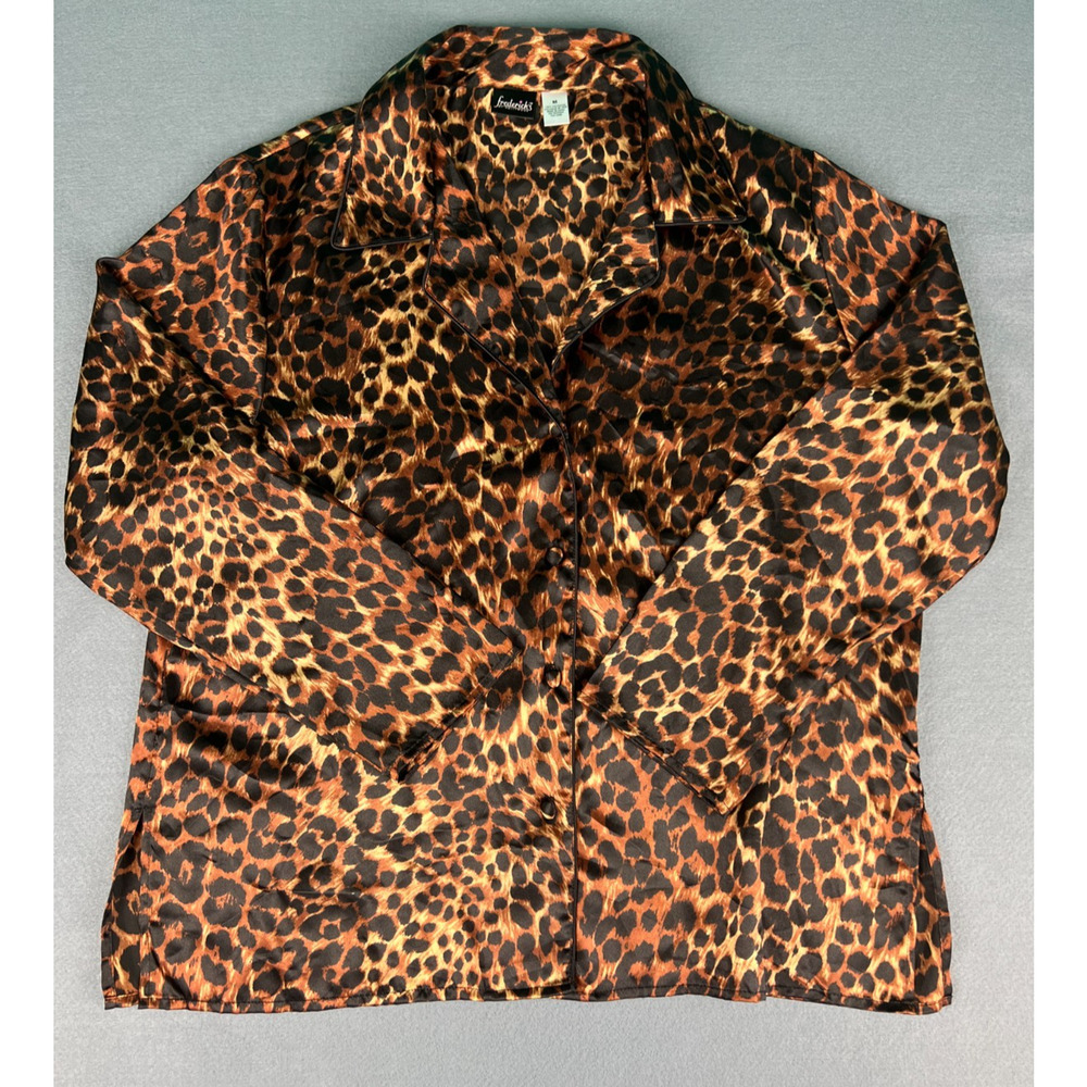 Fredericks of Hollywood Leopard Satin Sleep Shirt Button Up Y2K Lingerie Top M‎